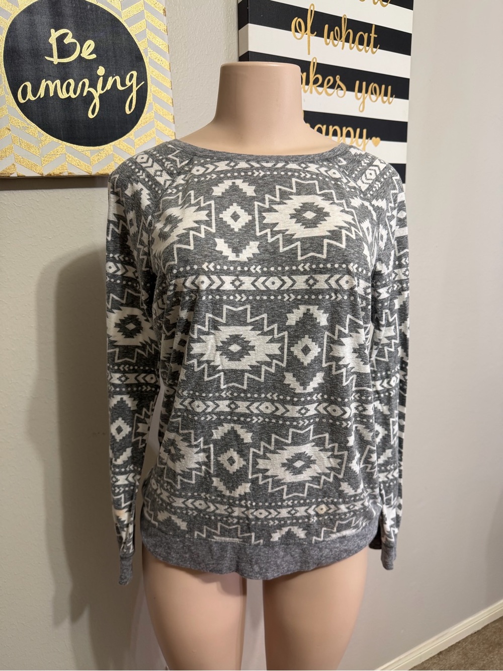 Justice Gray and White Aztec Crewneck Sweater